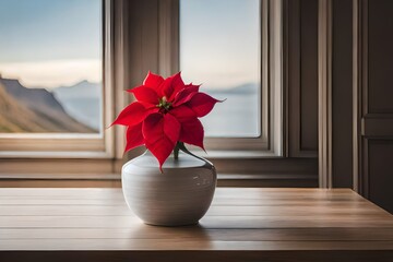 Artistic shot of a single poinsettia in a porcelain vase, placed near a window, minimalist design, wooden surface background