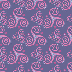 Folk triple spiral celtic triskele geometric symbol seamless pattern. Trinity helix