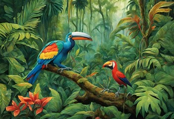 beautiful parrots and birds sitting in lush green jungle
