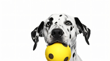 Cute Dalmatian dog holding a yellow ball in the mouth.