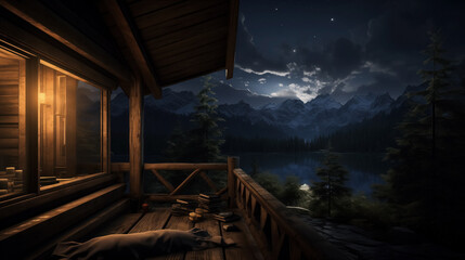Cozy cabin porch at night with a stunning view of mountains under starlight.