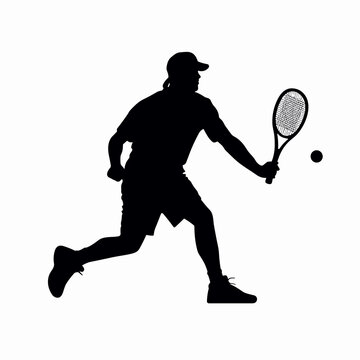 Tennis player black icon on white background. Male tennis player silhouette