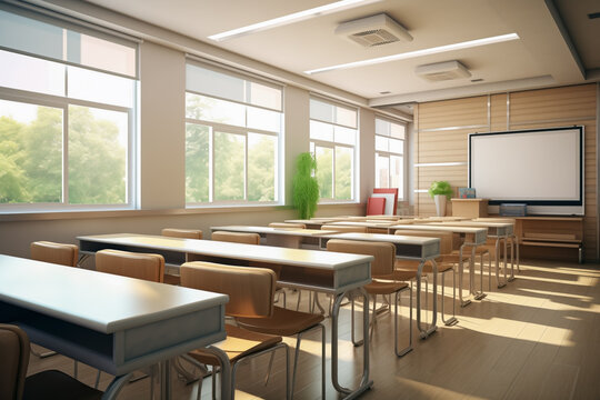 Modern sleek school classroom in background of natural light. Educational concept of study and school.