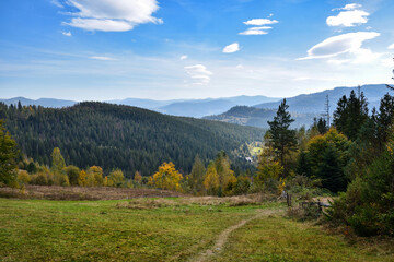 Beautiful autumn mountain landscape with bright trees. Carpathian, Ukraine, Europe.