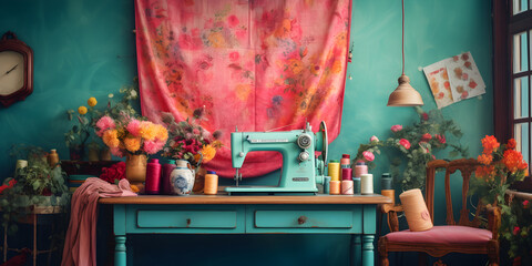 Colorful and chaotic tailors atelier with fabrics, threads and a sewing machine - obrazy, fototapety, plakaty