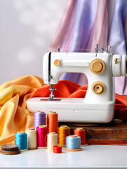 White sewing machine with colorful fabric, blurred background 