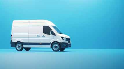 Delivery white van with space for text on blue background. - obrazy, fototapety, plakaty