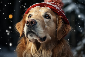 Golden Retriever dog with a winter hat in a Christmas atmosphere. - 675748667