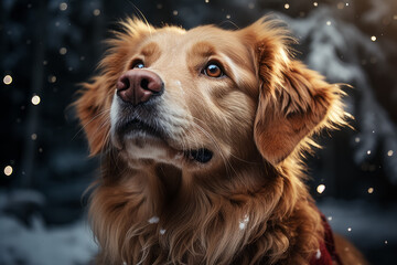 Golden Retriever dog in winter, Christmas atmosphere. - 675748697