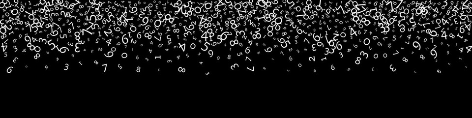 Falling numbers, big data concept. Binary white messy flying digits. Powerful futuristic banner on black background. Digital illustration with falling numbers.