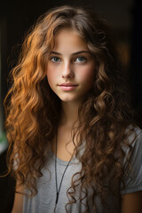 Beautiful young girl with green eyes and wavy brown hair. - 675748813