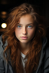 Beautiful young girl with green eyes and wavy brown hair. - 675748847