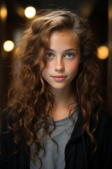 Beautiful young girl with green eyes and wavy brown hair. - 675748877