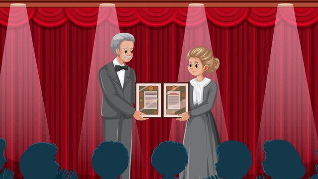 Marie Curie receiving the Nobel Prize in Physics and Chemistry.