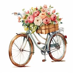 Fototapeta na wymiar Watercolor vintage bicycle with box of flowers