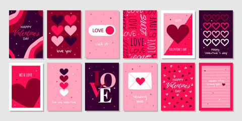 Big set Valentine's Day greeting cards. Hand drawn trendy cartoon heart, love lettering. Vector illustration	 - obrazy, fototapety, plakaty