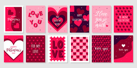 Big set Valentine's Day greeting cards. Hand drawn trendy cartoon heart, love lettering. Vector illustration - obrazy, fototapety, plakaty