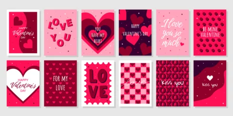 Poster Big set Valentine's Day greeting cards. Hand drawn trendy cartoon heart, love lettering. Vector illustration © Anastasia
