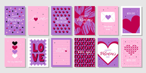 Big set Valentine's Day greeting cards. Hand drawn trendy cartoon heart, love lettering. Vector illustration