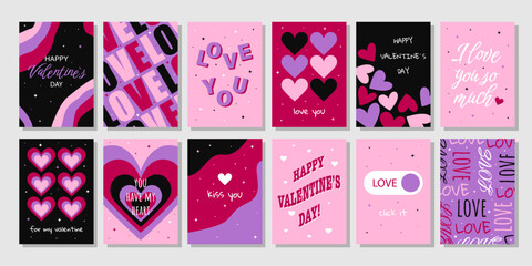 Big set Valentine's Day greeting cards. Hand drawn trendy cartoon heart, love lettering. Vector illustration