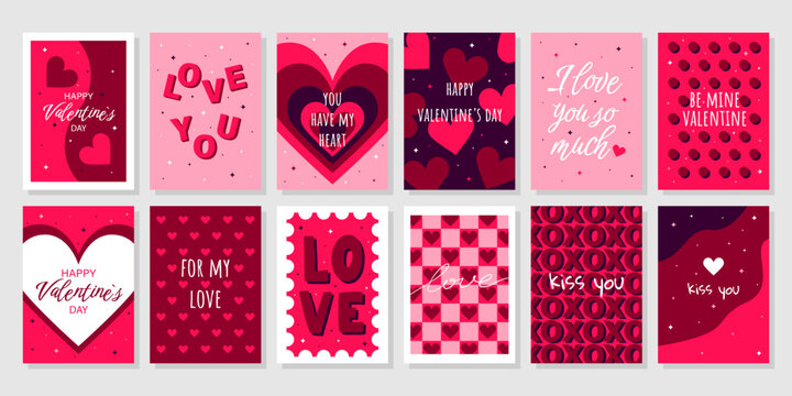 Big set Valentine's Day greeting cards. Hand drawn trendy cartoon heart, love lettering. Vector illustration