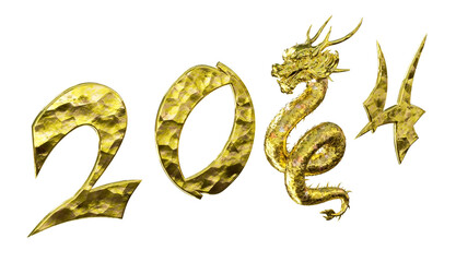 Chinese New Year. Symbol of 2024 year is a dragon. Numbers 2024 stylized in Chinese gold metal on transparent background. Png file