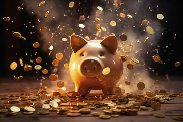 Exploding pink piggy bank with flying coins. Financial crisis concept.