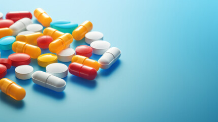 ソフトブルーの背景にカラフルな薬の錠剤抗生物質の錠剤GenerativeAI - obrazy, fototapety, plakaty
