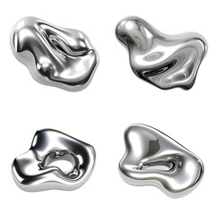 Set of abstract shape silver metalic liquid on transparent background