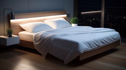 Comfortable white bed in the room and bedside lamps.