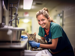 Volunteers feed, bathe and care for the animals at the shelter. - obrazy, fototapety, plakaty