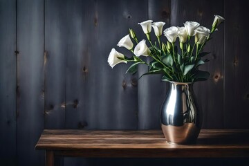 Artistic shot of a single lisianthus in a silver metal vase, placed near a window, minimalist design, wooden surface background