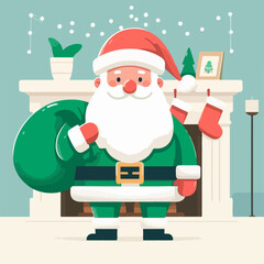 flat vector illustration of santa claus with a bag of gifts near by cozy fireplace in home