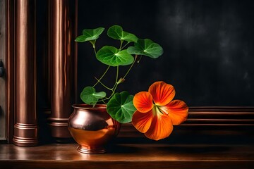 Artistic shot of a single nasturtium in a copper metal vase, placed near a window, minimalist design, wooden surface background