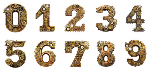 Set of numbers in steampunk style, generative AI - obrazy, fototapety, plakaty