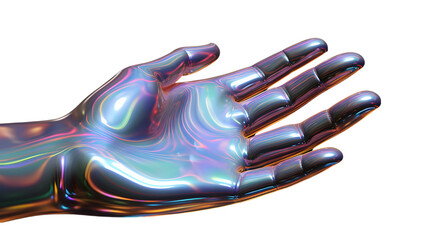 3d rendered chrome metal hand isolated on transparent background. Psychedelic aesthetic. - obrazy, fototapety, plakaty
