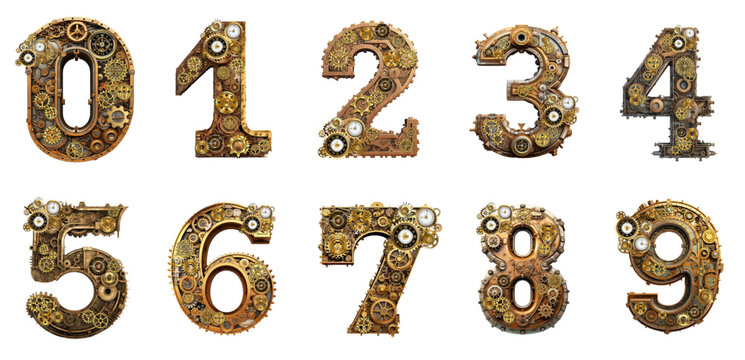 Set of numbers in steampunk style, generative AI