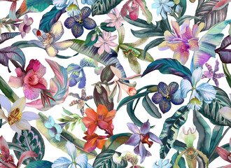 Tropical botanical seamless pattern with exotic flowers and leaves drawn in watercolor. Floral background with orchids and tropical leaves - 675752082