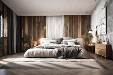 Stylish interior of contemporary room with comfortable bed.