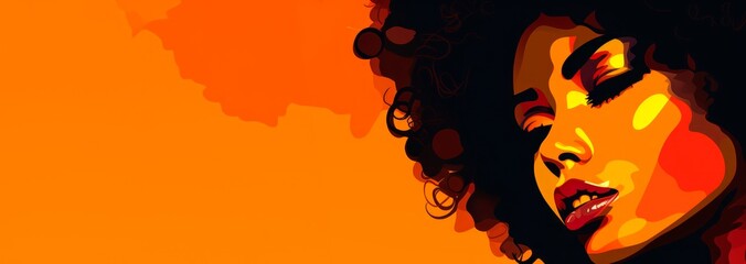 a young african-american girl in an afro hair style with an orange background. Black History Month. racial equality, civil and justice racism and and discrimination ,copy space for text, banner  - obrazy, fototapety, plakaty