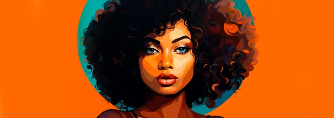 a young african-american girl in an afro hair style with an orange background. Black History Month. racial equality, civil and justice racism and and discrimination ,copy space for text, banner  - obrazy, fototapety, plakaty
