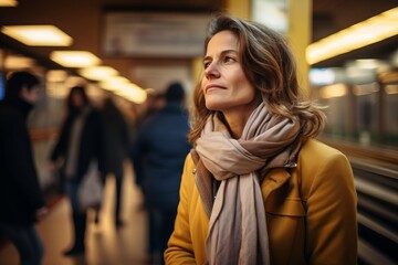 Portrait of a beautiful middle-aged woman in a yellow coat in the subway station.