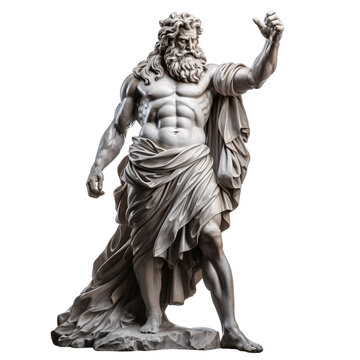 Ancient Greek god statue, antique Zeus sculpture isolated on white transparent background, historical monument