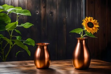 Artistic shot of a single sunflower in a copper metal vase, placed near a window, minimalist design, wooden surface background