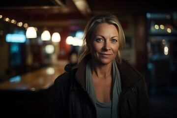 Portrait of a beautiful mature woman standing in a cafe at night