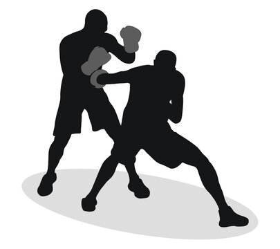 Image of silhouettes of boxing athletes, MMA fighters. Boxing, bout, fighting, infighting, outfighting, pugilism, duel, ring craft, mixed martial arts, mma, sportsmanship