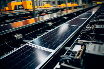 Production of solar panels. Green energy concept. Modern production factory or plant.