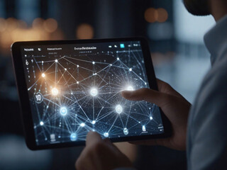 A businessman holding a tablet and looking at a virtual blockchain network with data fields floating around him. A close up shoot of hands and tablet