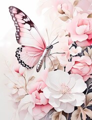 A delicately graceful pink butterfly floats amidst a cluster of pristine white flowers 
