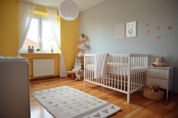 chambre de bébé avec lit à barreaux et table langer